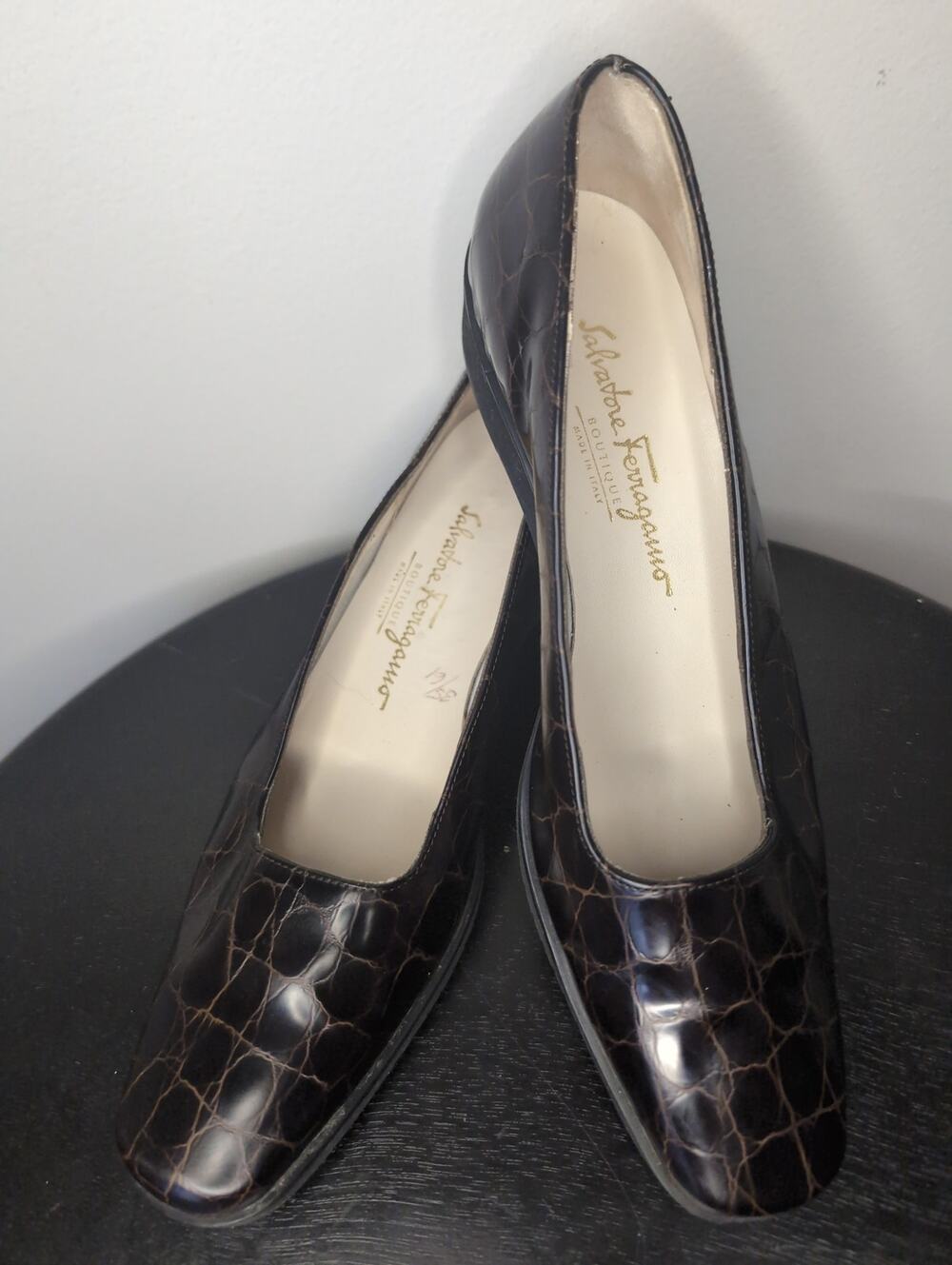 Salvatore Ferragamo Croc Wedge Loafers 7AA Brown Leather Comfort Italy